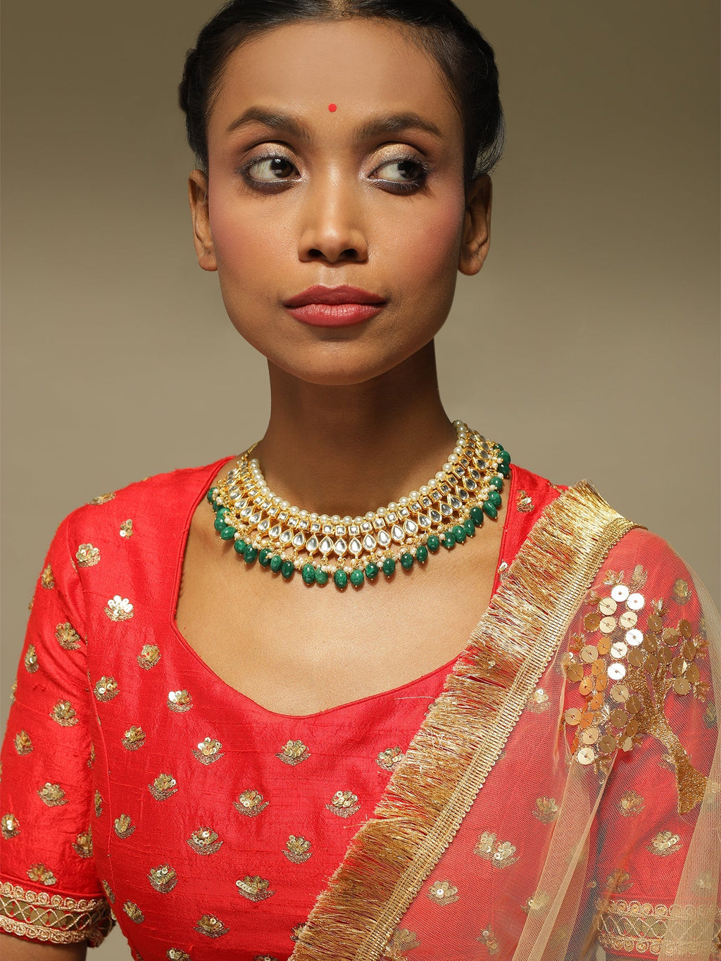 Gold-Polished Green Kundan Studded Brass Necklace - Ruby Raang | Grocsy