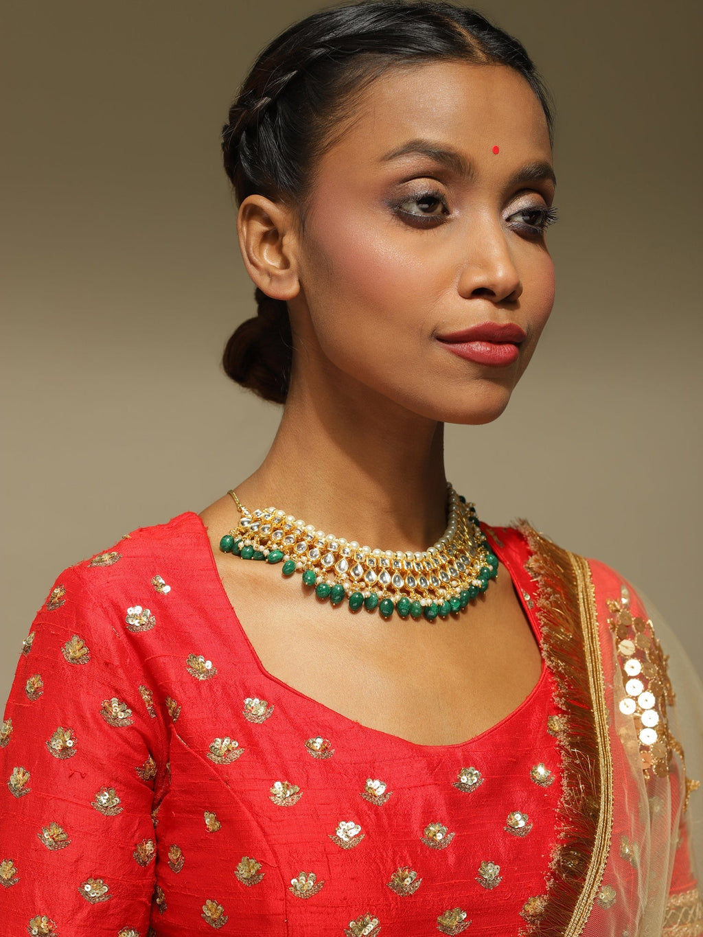 Gold-Polished Green Kundan Studded Brass Necklace - Ruby Raang | Grocsy