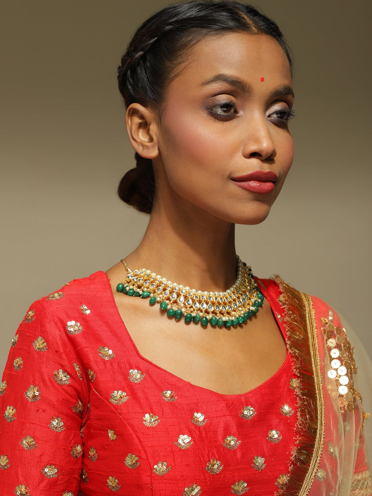 Gold-Polished Green Kundan Studded Brass Necklace - Ruby Raang | Grocsy