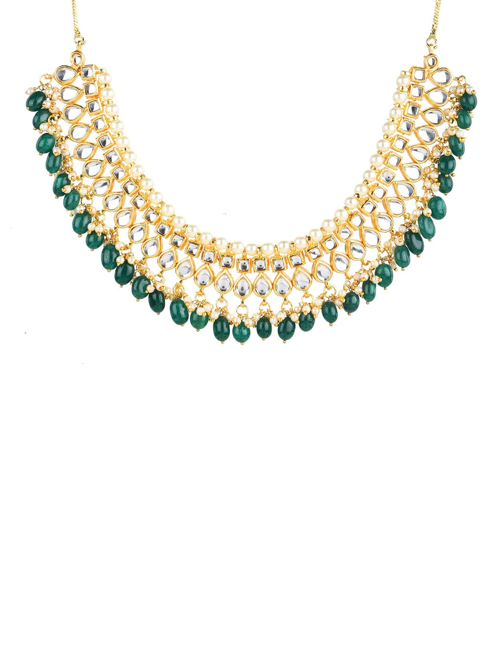 Gold-Polished Green Kundan Studded Brass Necklace - Ruby Raang | Grocsy