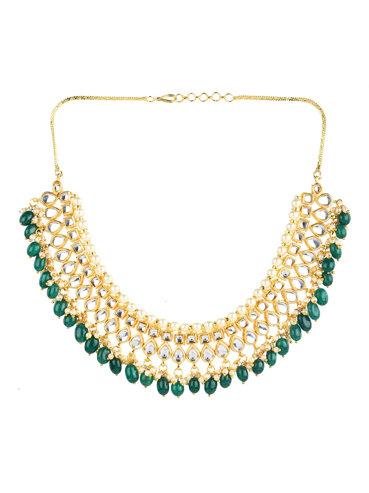 Gold-Polished Green Kundan Studded Brass Necklace - Ruby Raang | Grocsy