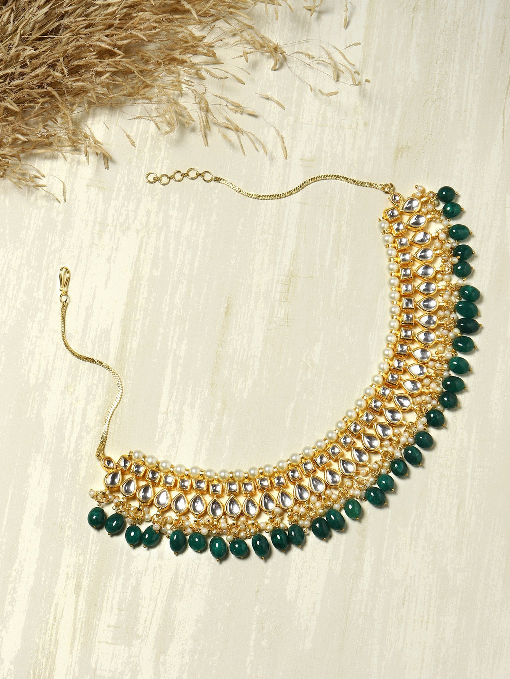 Gold-Polished Green Kundan Studded Brass Necklace - Ruby Raang | Grocsy