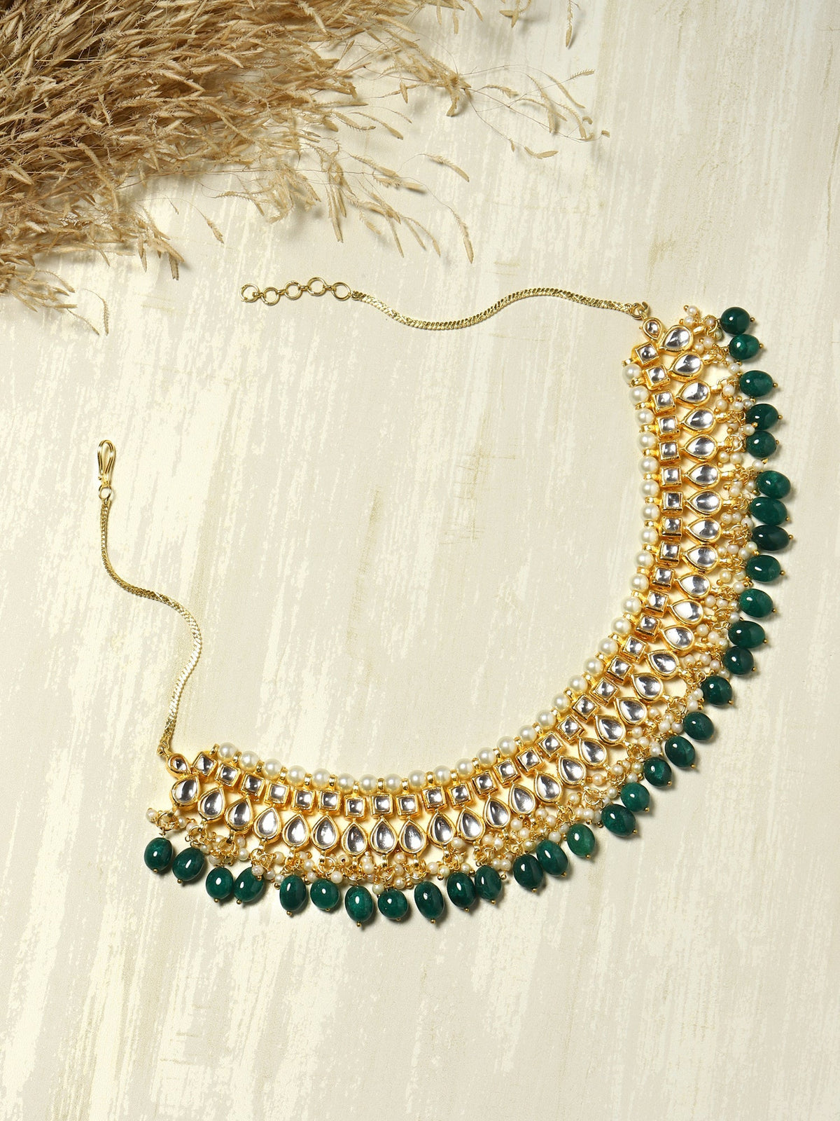 Gold-Polished Green Kundan Studded Brass Necklace - Ruby Raang | Grocsy