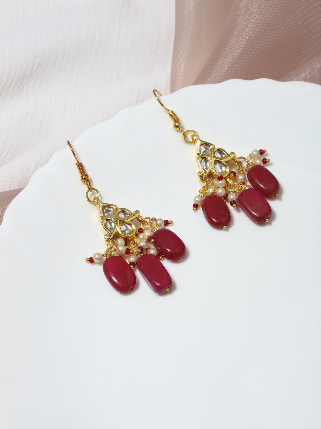 Maroon Kundan Contemporary Drop Earrings - Ruby Raang | Grocsy