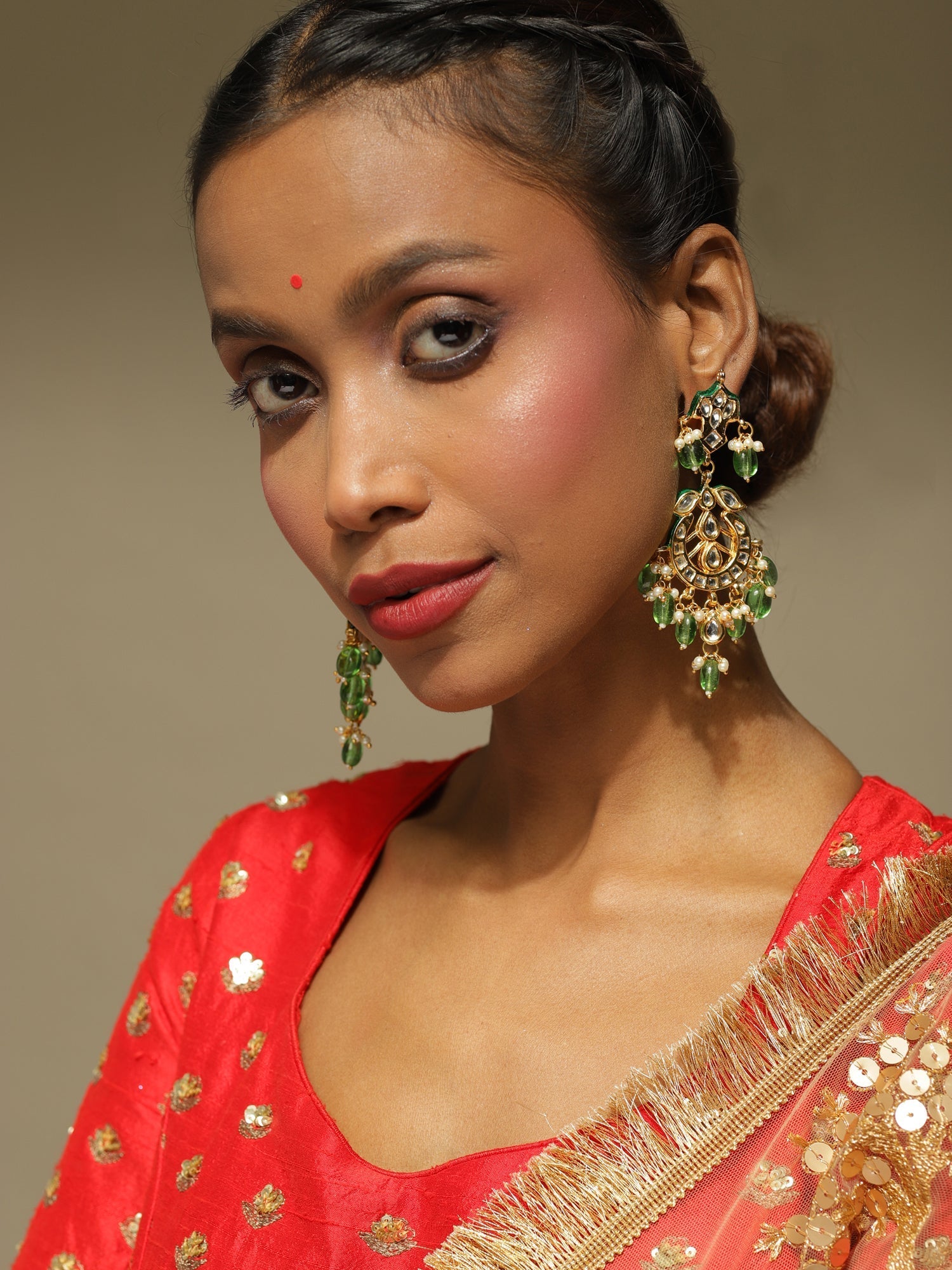 Green Gold-Polished Kundan Drop Earrings - Ruby Raang | Grocsy