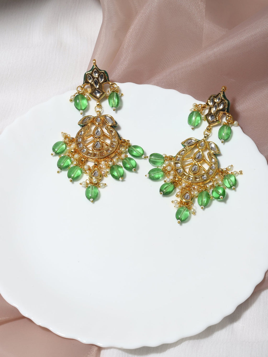 Green Gold-Polished Kundan Drop Earrings - Ruby Raang | Grocsy