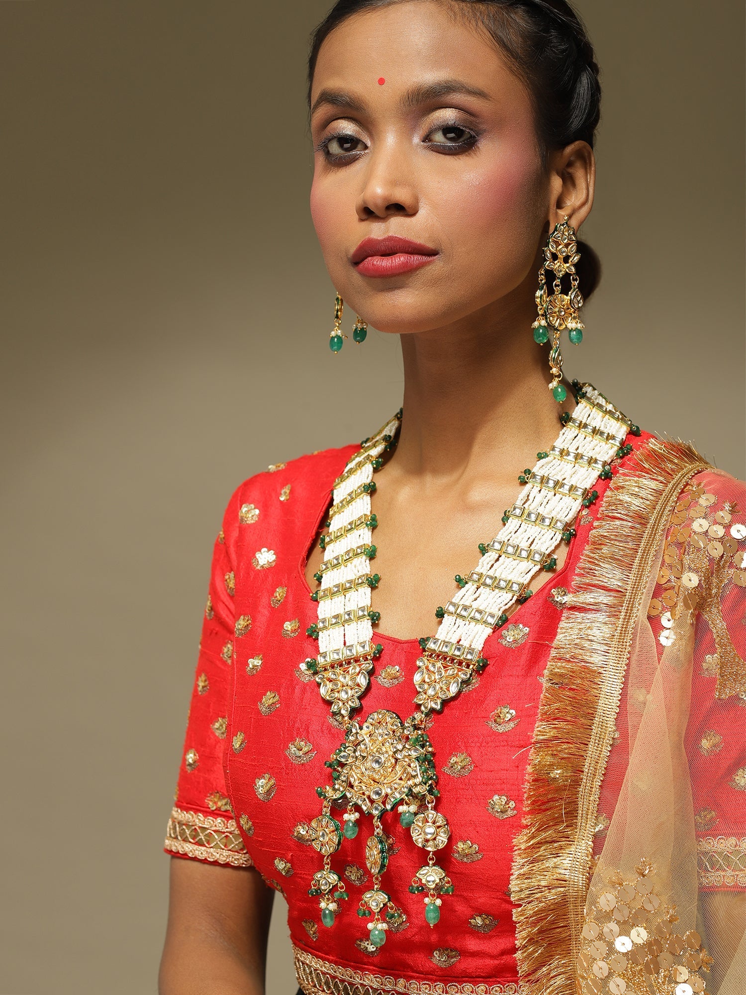 Gold-Polished White Green Kundan Studded Handcrafted Jewellery Set - Ruby Raang | Grocsy