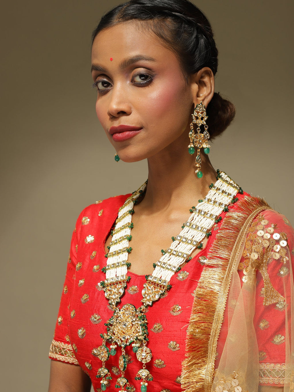 Gold-Polished White Green Kundan Studded Handcrafted Jewellery Set - Ruby Raang | Grocsy