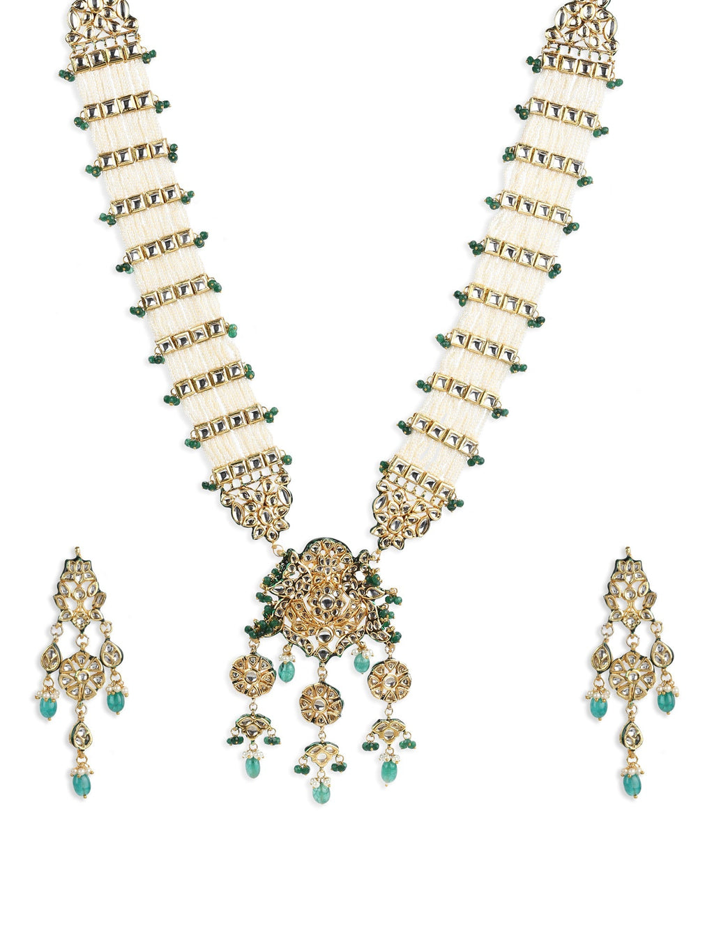 Gold-Polished White Green Kundan Studded Handcrafted Jewellery Set - Ruby Raang | Grocsy