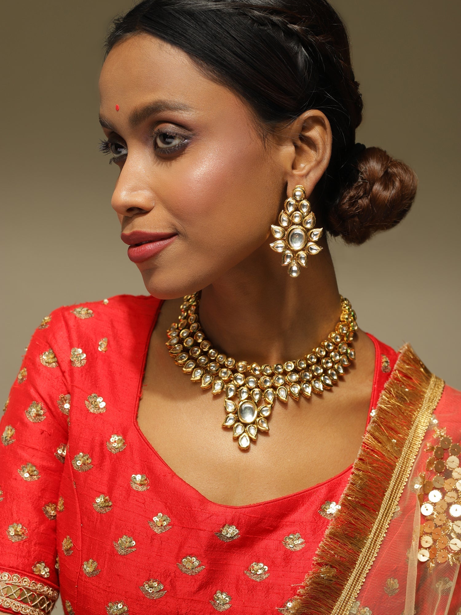 Gold-Polished Kundan Choker With Earring - Ruby Raang | Grocsy