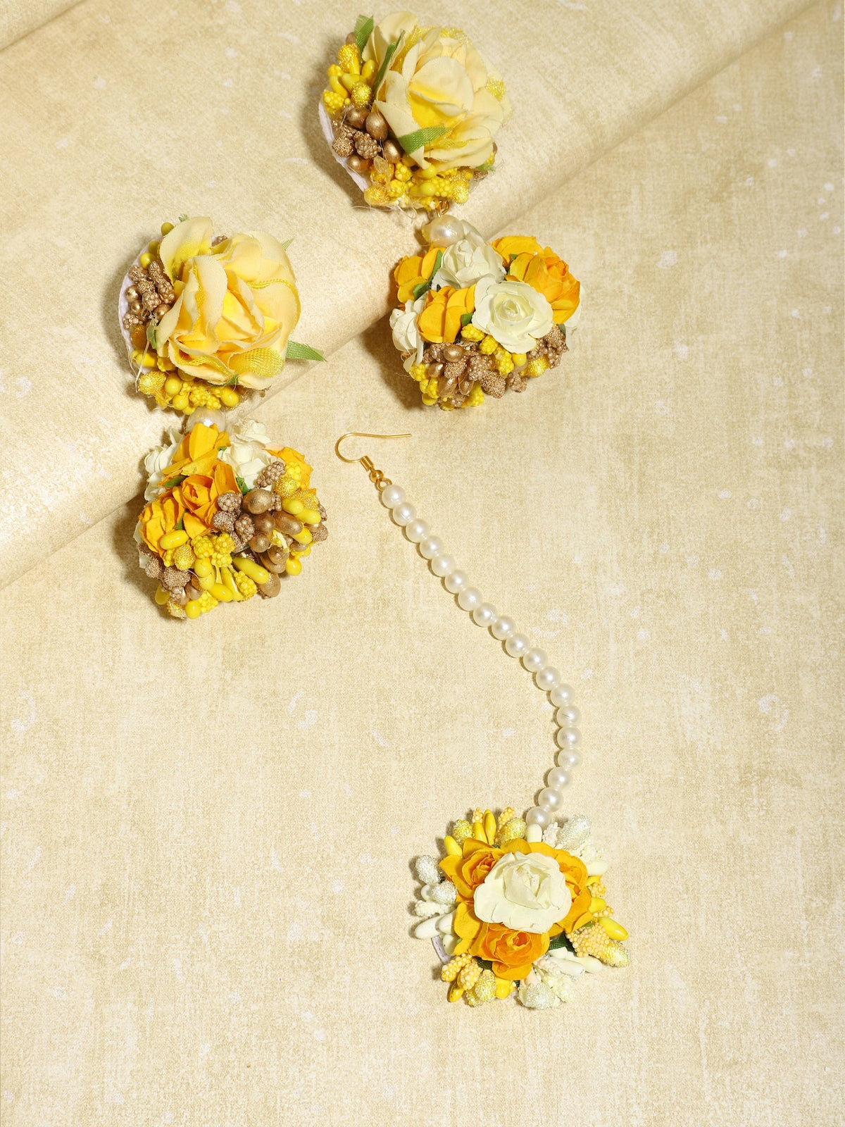 Yellow Gold-Polished Flower Maang Tika Earrings - Ruby Raang | Grocsy