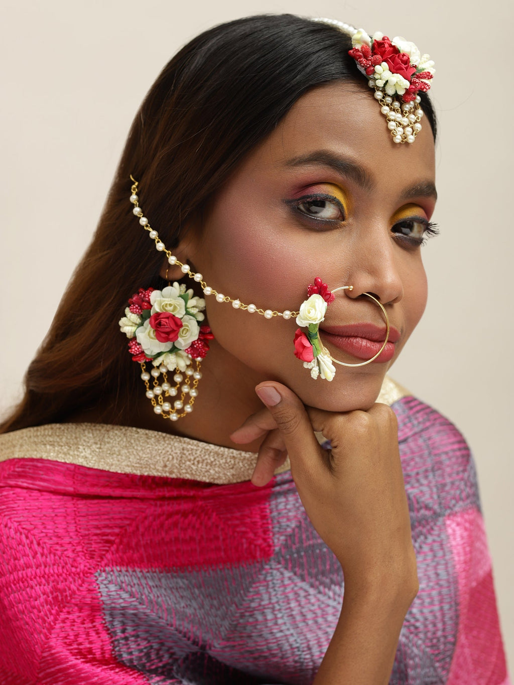 Flower Jewellery Gold-Polished Red Floral Jewellery Set - Ruby Raang | Grocsy