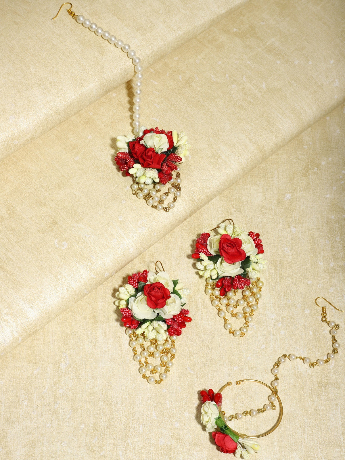 Flower Jewellery Gold-Polished Red Floral Jewellery Set - Ruby Raang | Grocsy