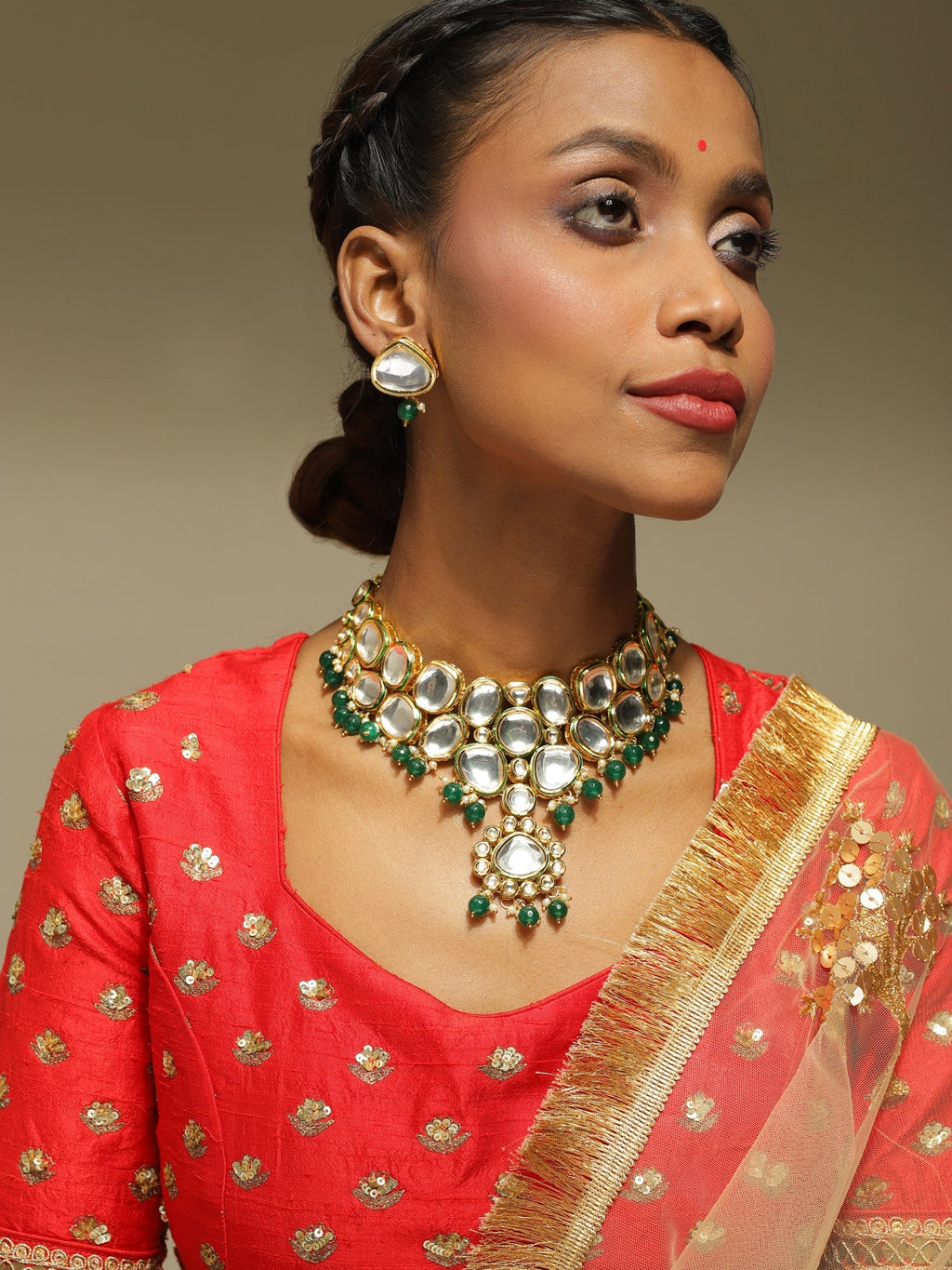 Green White Kundan Choker Jewellery Set - Ruby Raang | Grocsy