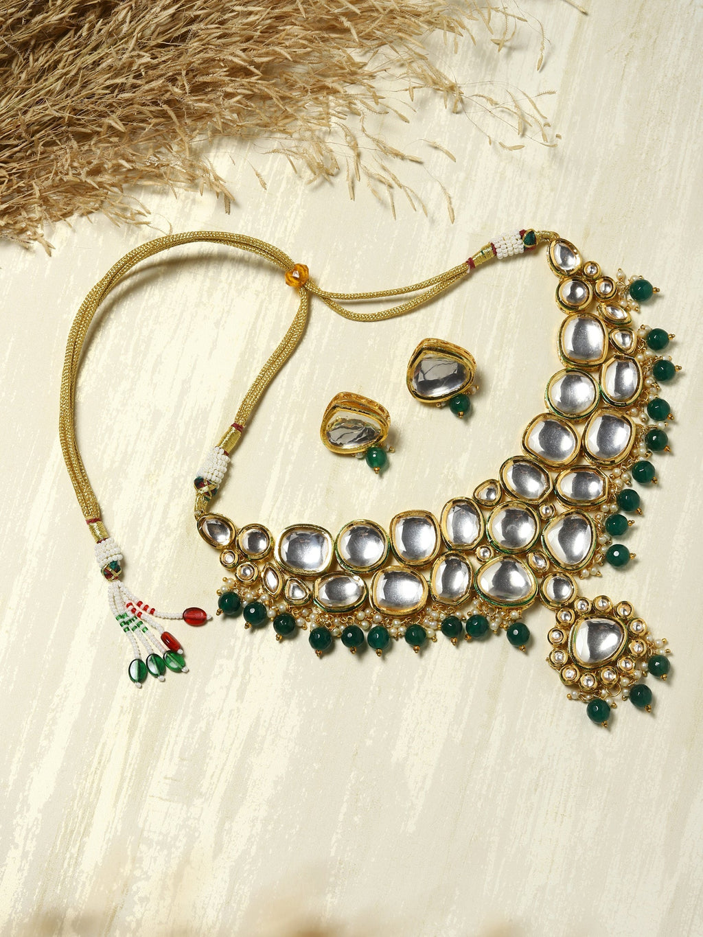 Green White Kundan Choker Jewellery Set - Ruby Raang | Grocsy