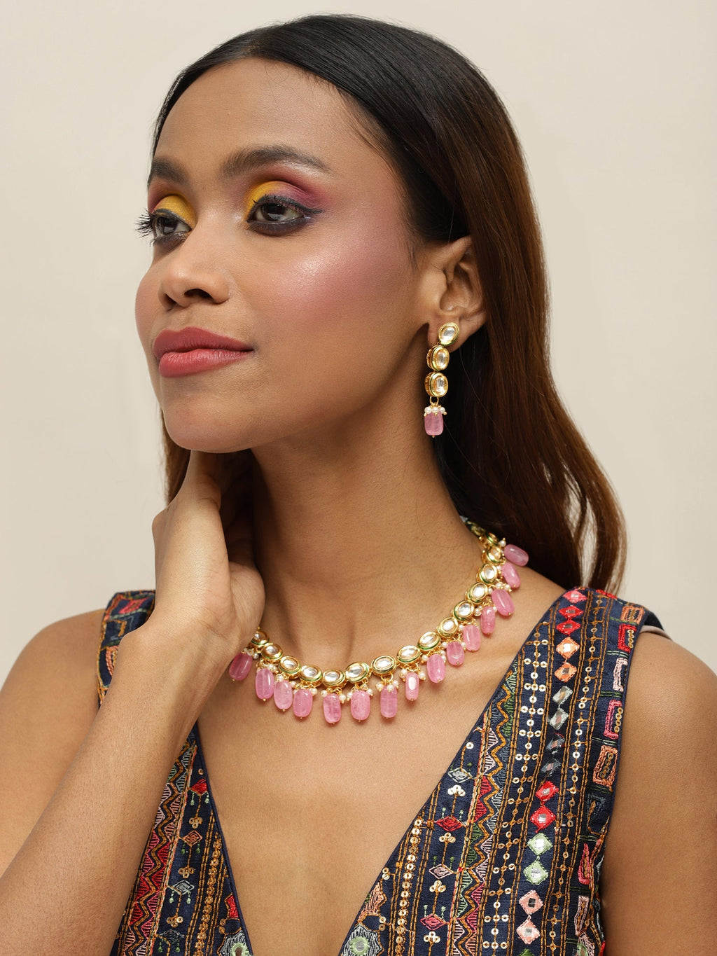 Gold-Polished White Pink Kundan-Studded Pearl Beaded Handcrafted Jewellery Set - Ruby Raang | Grocsy