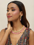Gold-Polished White Pink Kundan-Studded Pearl Beaded Handcrafted Jewellery Set - Ruby Raang | Grocsy