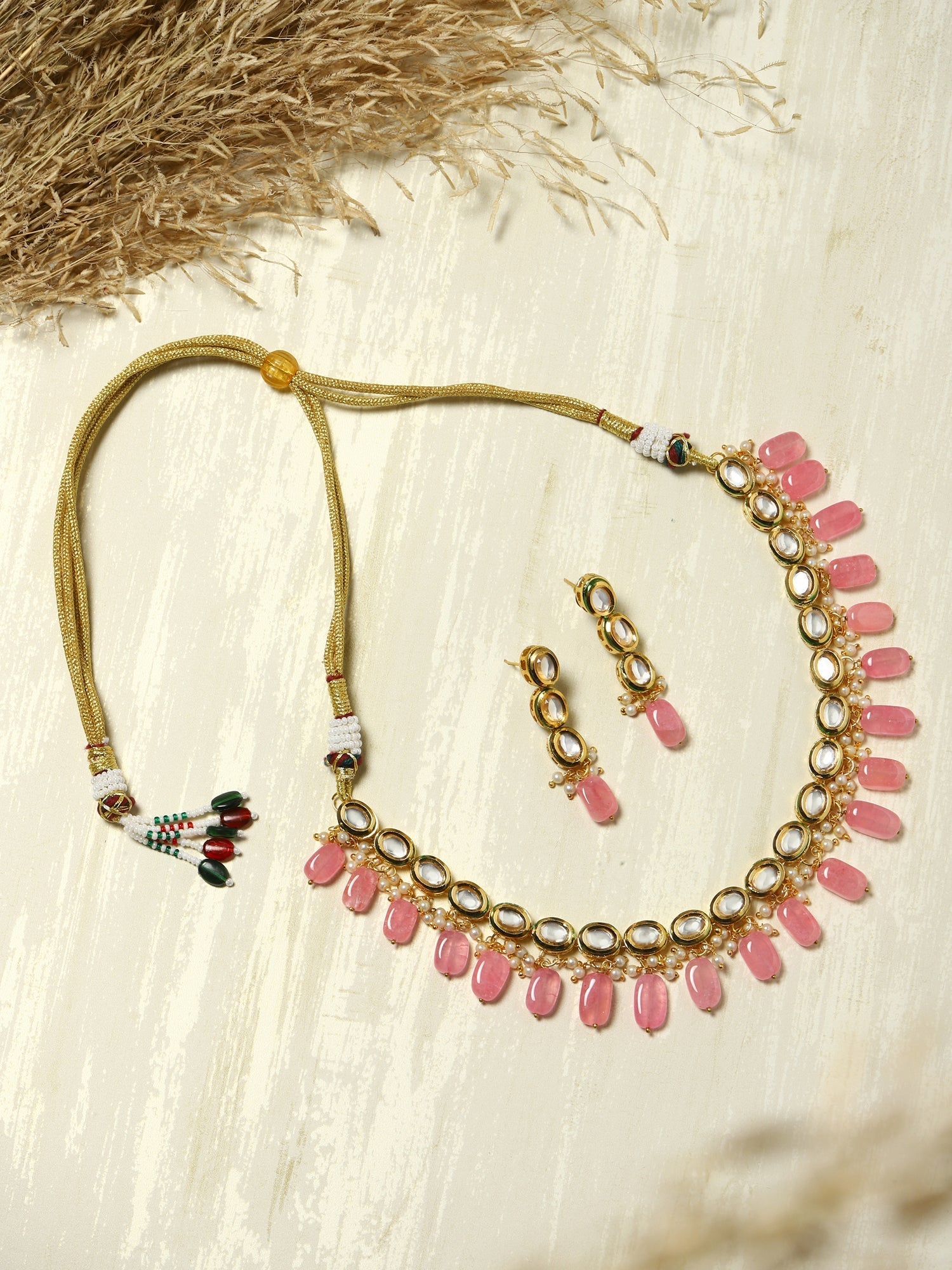 Gold-Polished White Pink Kundan-Studded Pearl Beaded Handcrafted Jewellery Set - Ruby Raang | Grocsy