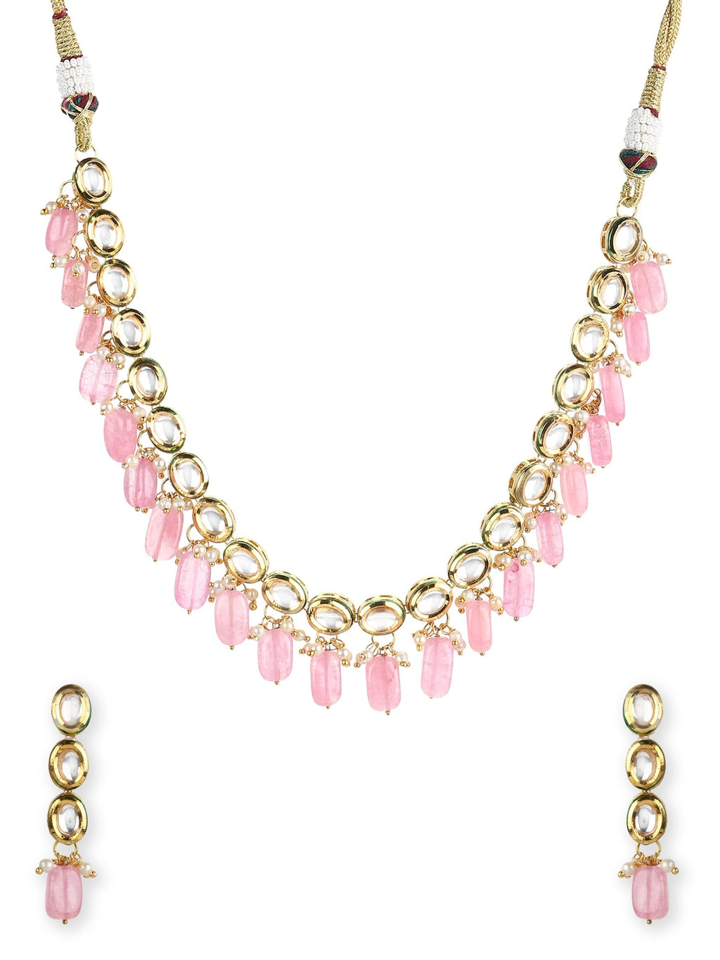 Gold-Polished White Pink Kundan-Studded Pearl Beaded Handcrafted Jewellery Set - Ruby Raang | Grocsy