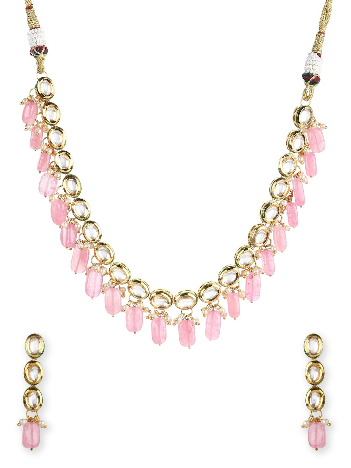 Gold-Polished White Pink Kundan-Studded Pearl Beaded Handcrafted Jewellery Set - Ruby Raang | Grocsy