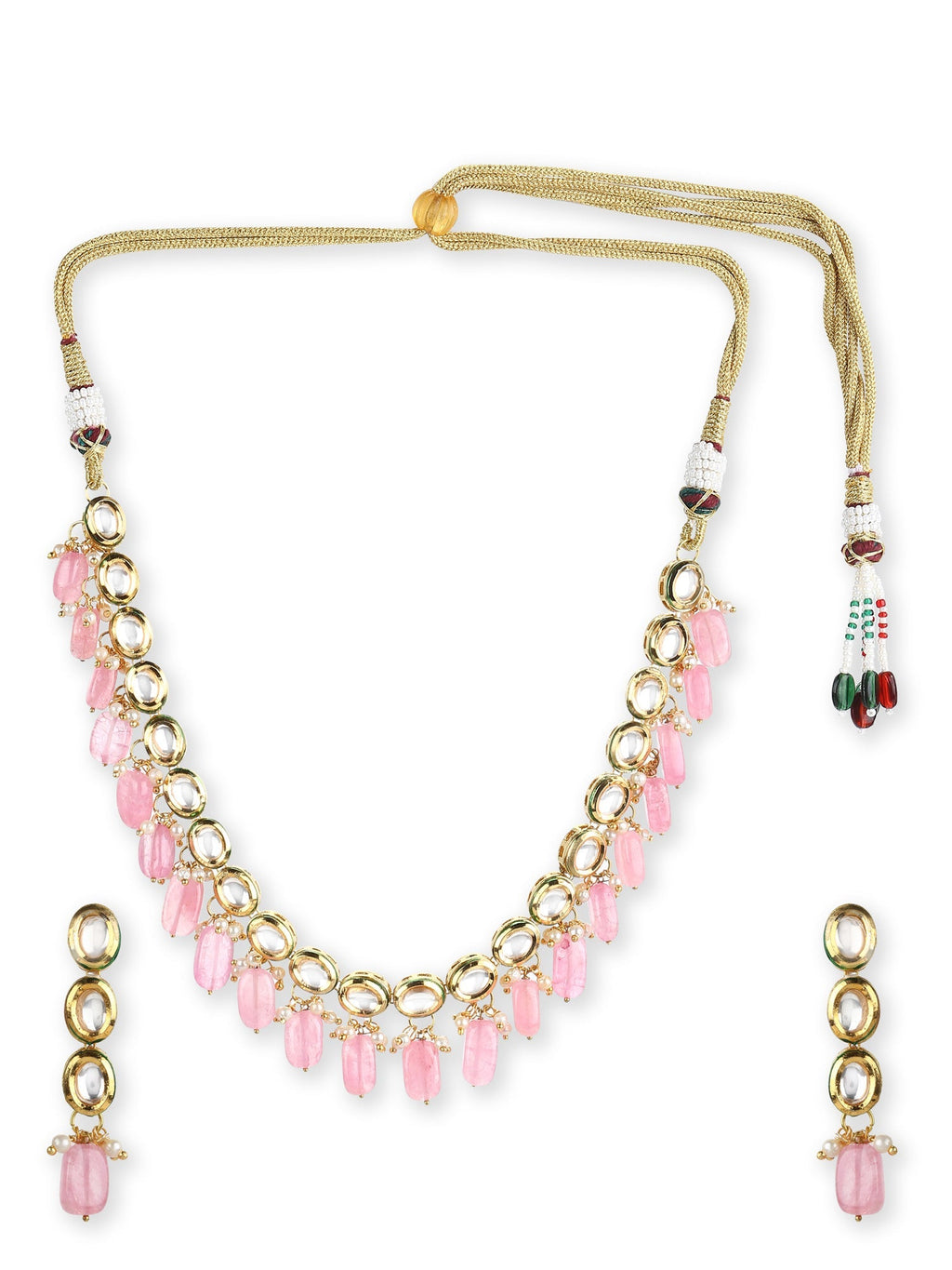 Gold-Polished White Pink Kundan-Studded Pearl Beaded Handcrafted Jewellery Set - Ruby Raang | Grocsy