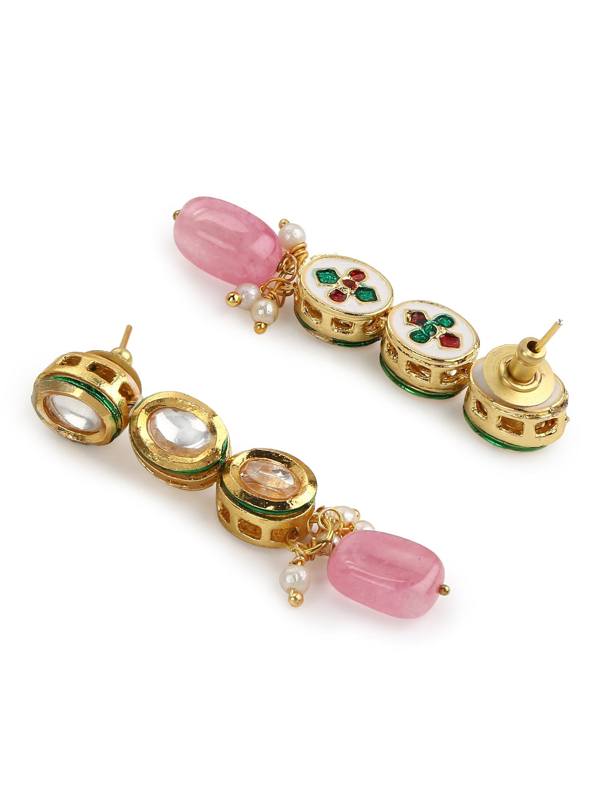 Gold-Polished White Pink Kundan-Studded Pearl Beaded Handcrafted Jewellery Set - Ruby Raang | Grocsy