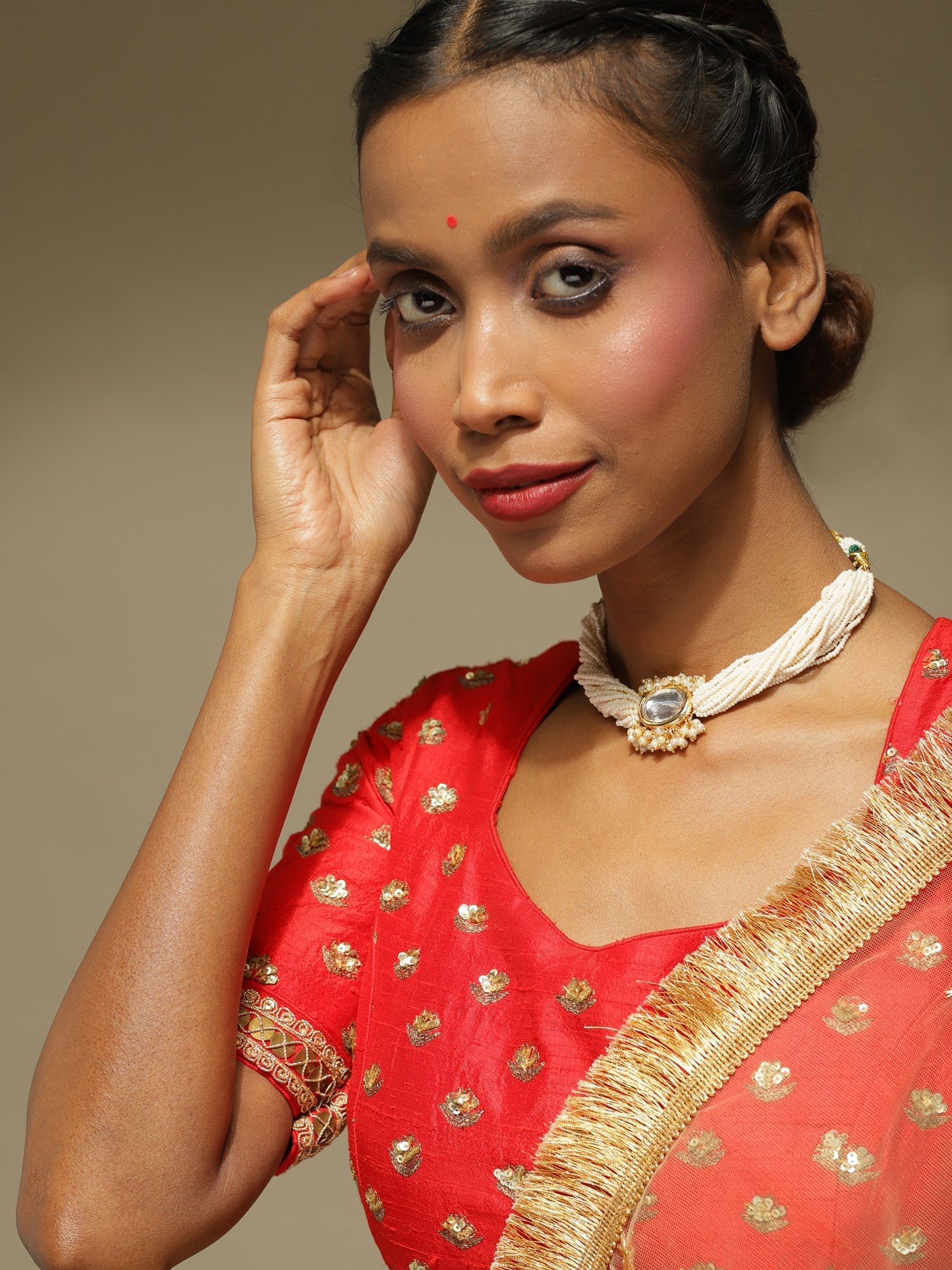 Gold-Polished White Brass Kundan Pearls Choker Necklace - Ruby Raang | Grocsy