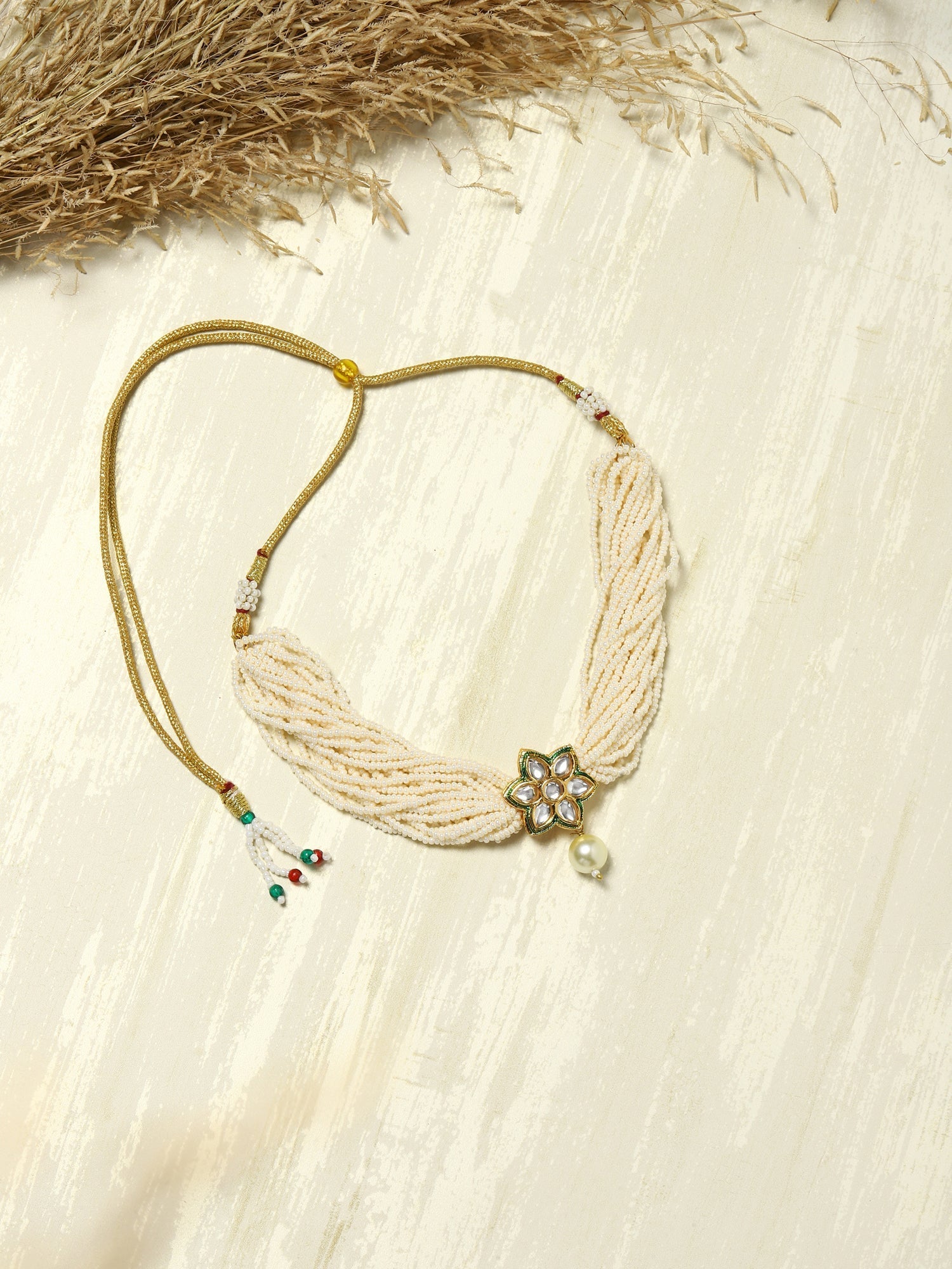 Gold-Polished White Green Brass Kundan Pearls Choker Necklace - Ruby Raang | Grocsy
