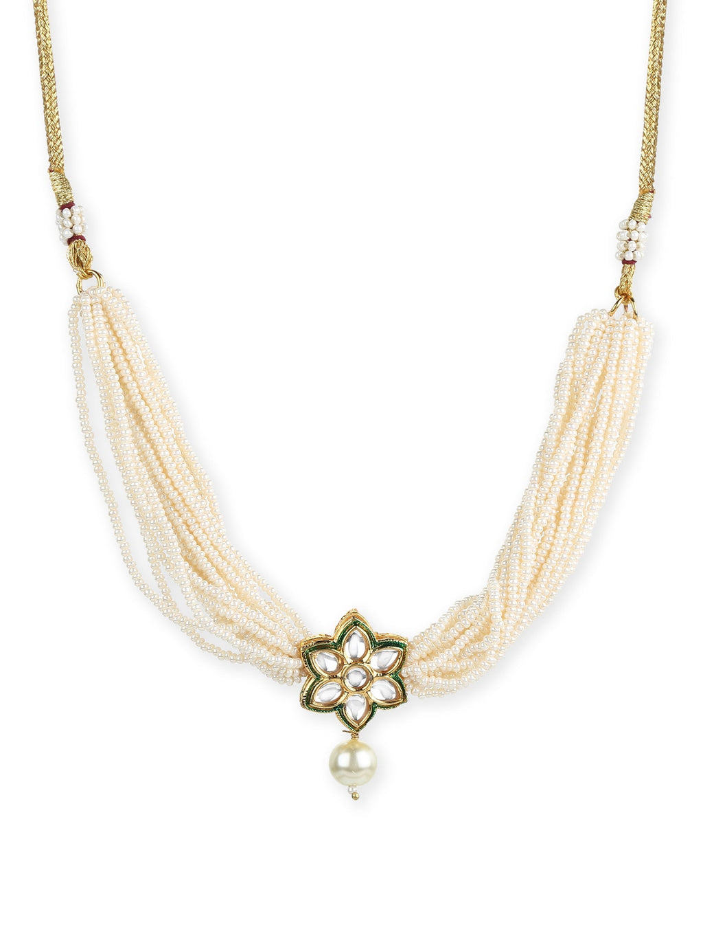 Gold-Polished White Green Brass Kundan Pearls Choker Necklace - Ruby Raang | Grocsy