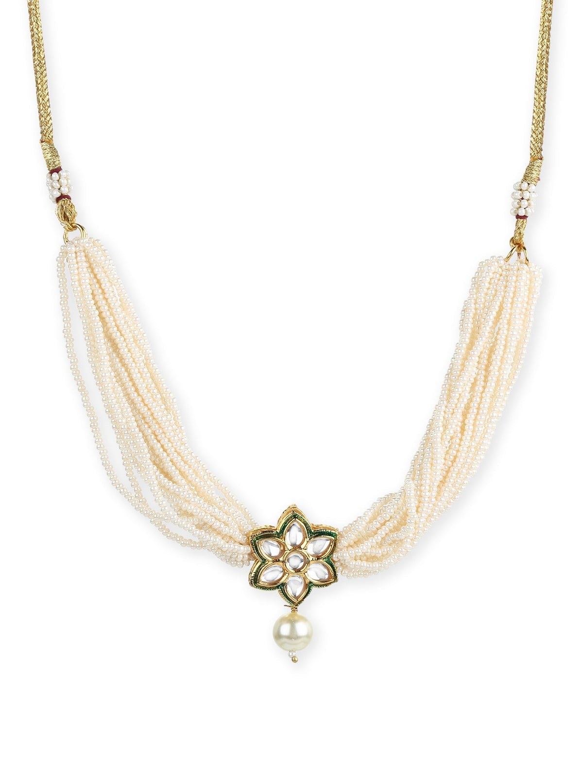 Gold-Polished White Green Brass Kundan Pearls Choker Necklace - Ruby Raang | Grocsy