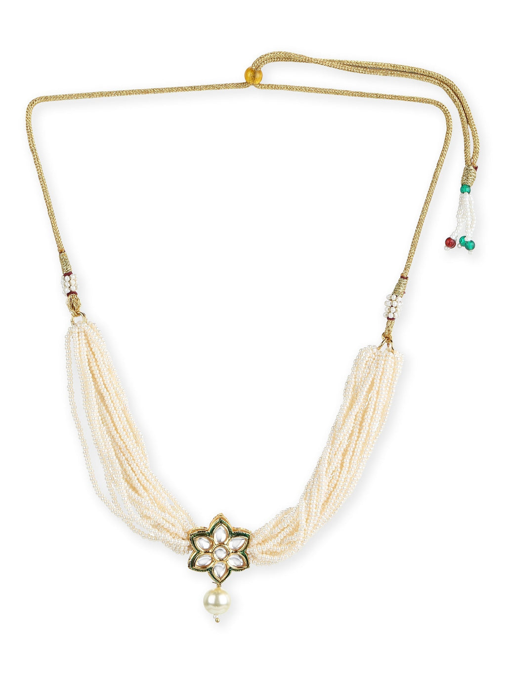 Gold-Polished White Green Brass Kundan Pearls Choker Necklace - Ruby Raang | Grocsy