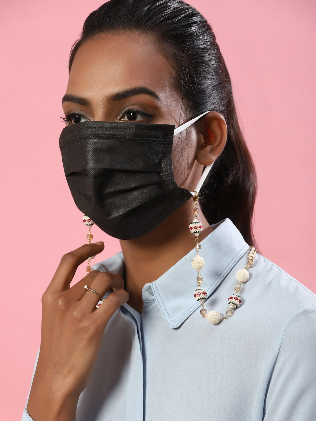 White Gold Toned Embellished Mask Chain - Ruby Raang | Grocsy