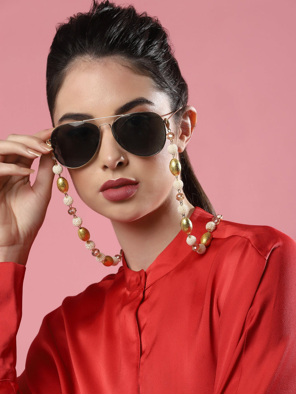 White Golden Embellished Mask Chain - Ruby Raang | Grocsy