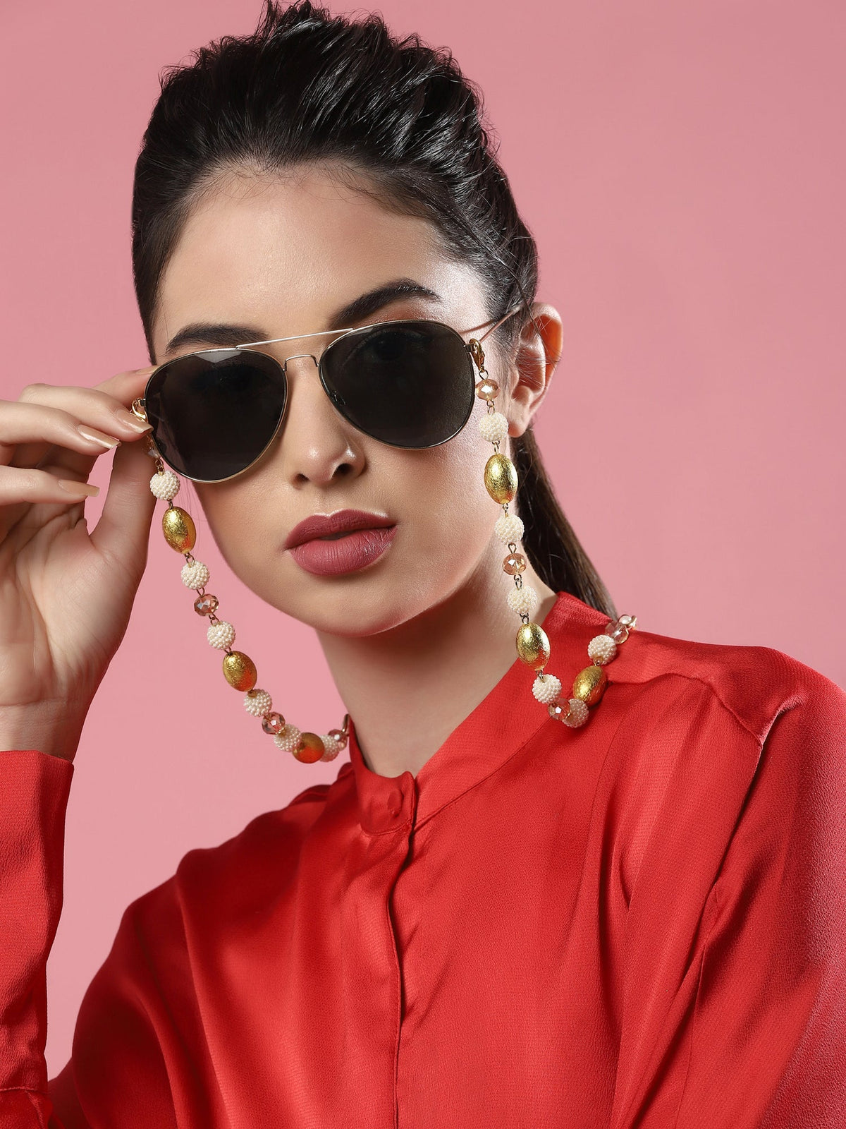 White Golden Embellished Mask Chain - Ruby Raang | Grocsy