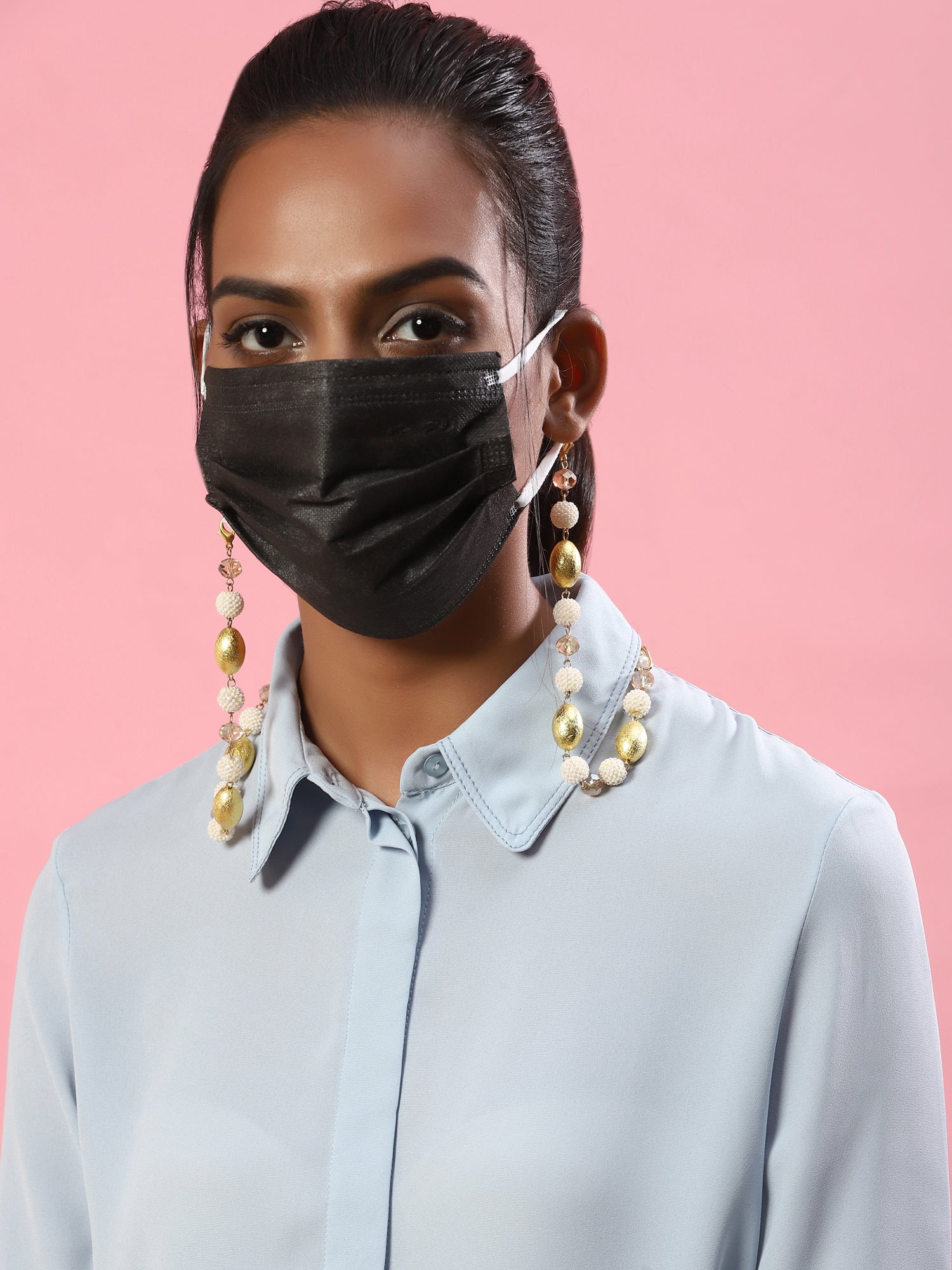 White Golden Embellished Mask Chain - Ruby Raang | Grocsy