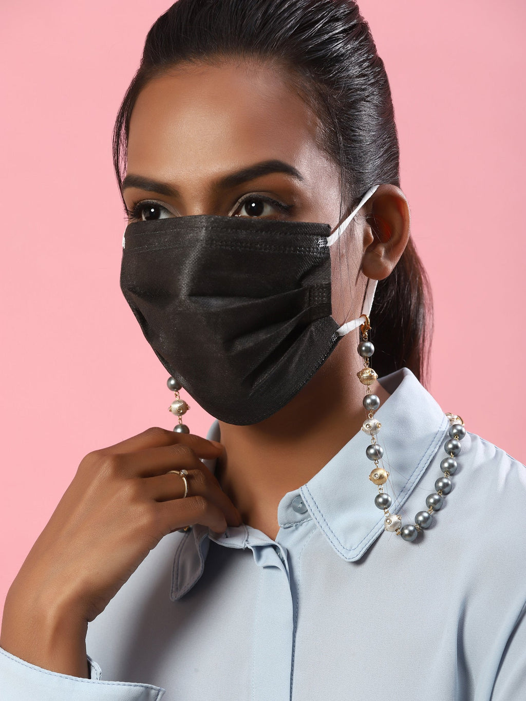 Gold-Toned Grey Beaded Mask Chain - Ruby Raang | Grocsy