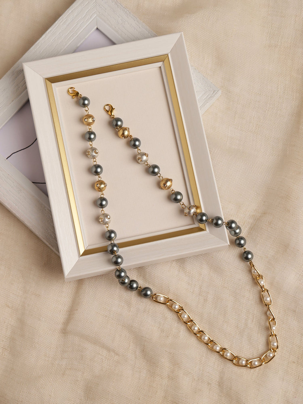 Gold-Toned Grey Beaded Mask Chain - Ruby Raang | Grocsy