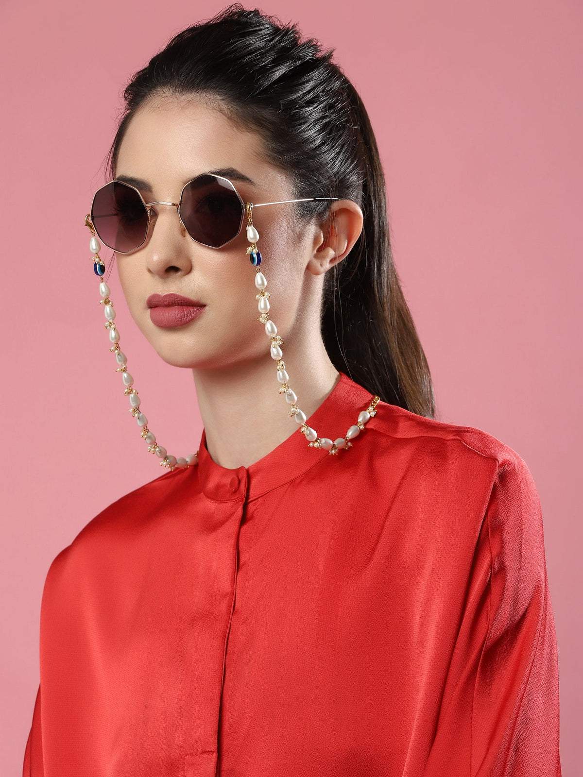 White Gold-Toned Embellished Mask Chain - Ruby Raang | Grocsy
