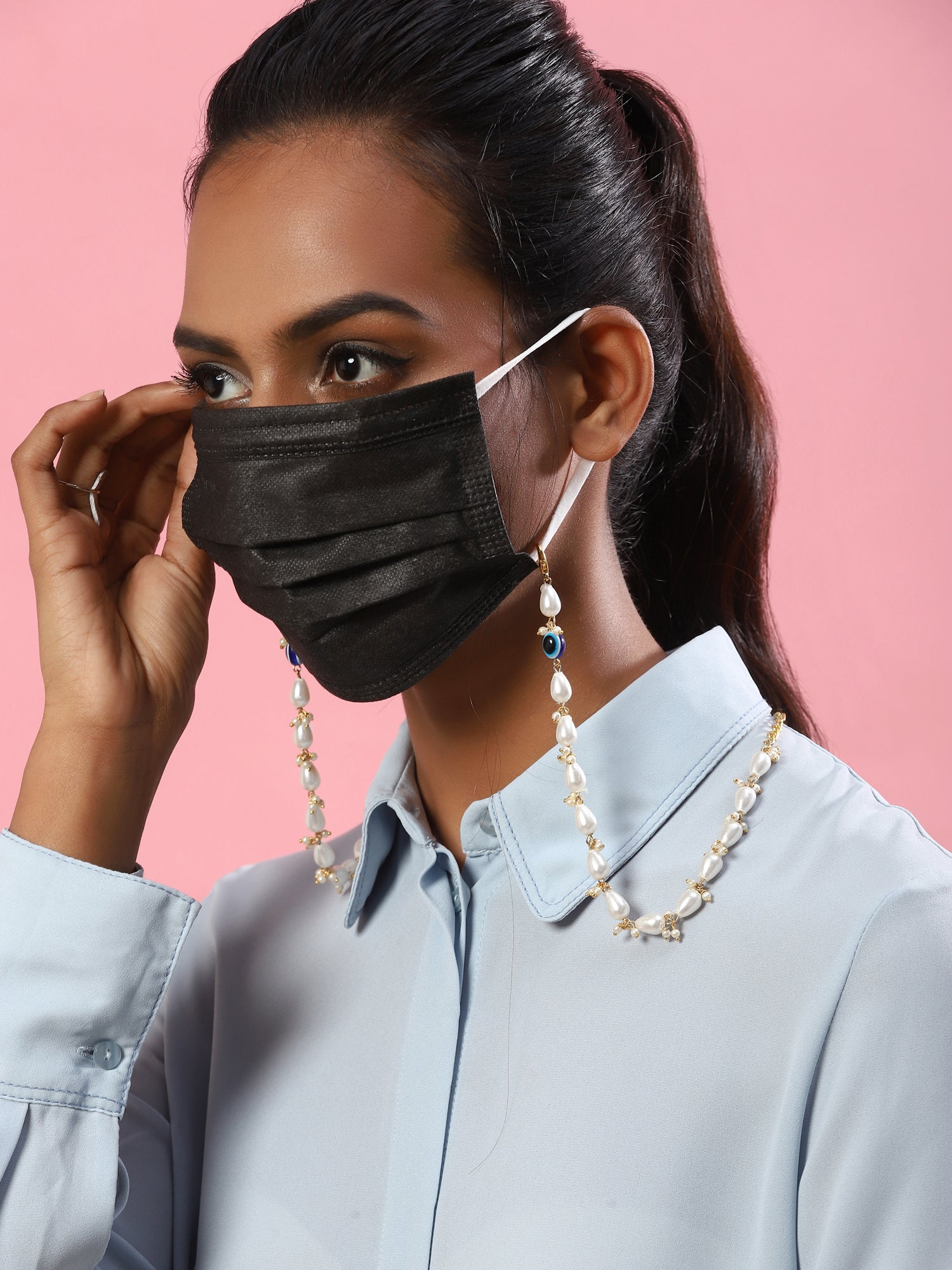White Gold-Toned Embellished Mask Chain - Ruby Raang | Grocsy