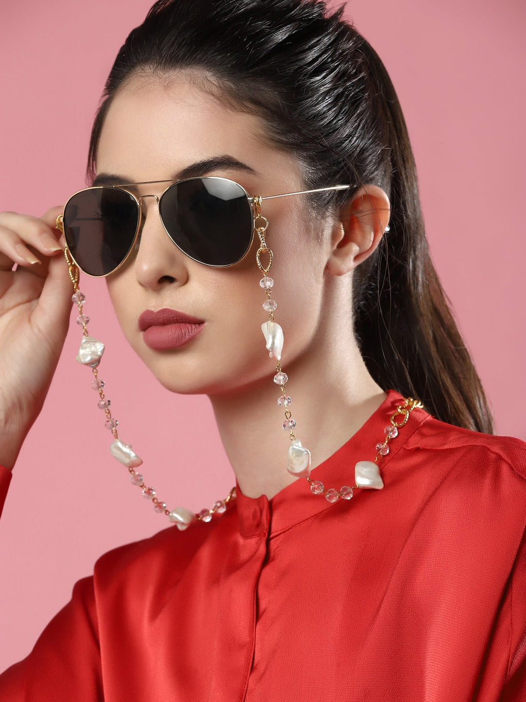 Gold Toned Embellished Mask Chain - Ruby Raang | Grocsy