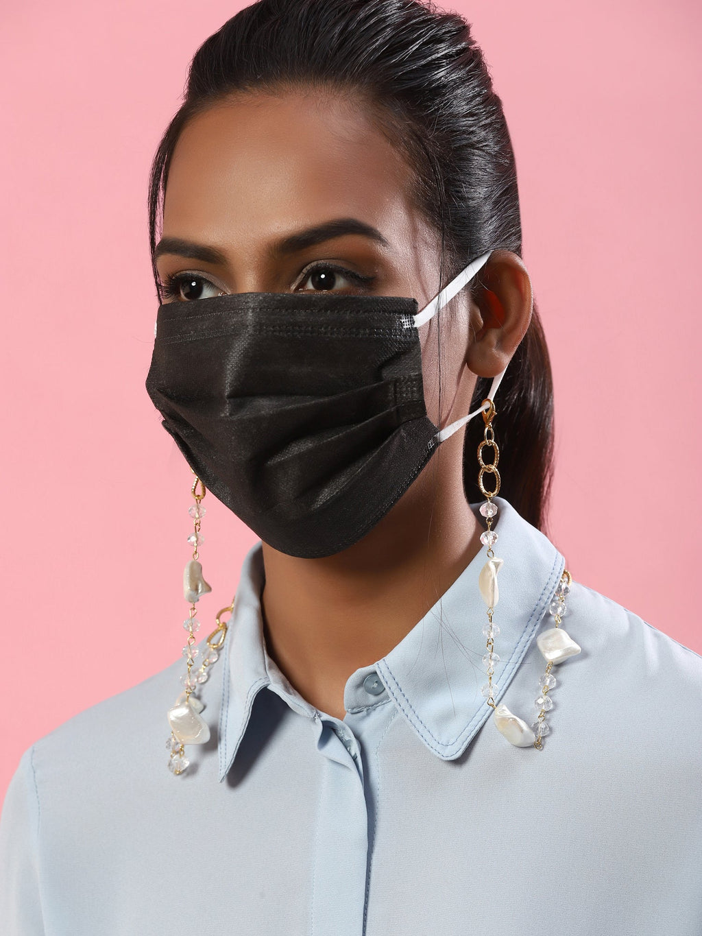 Gold Toned Embellished Mask Chain - Ruby Raang | Grocsy