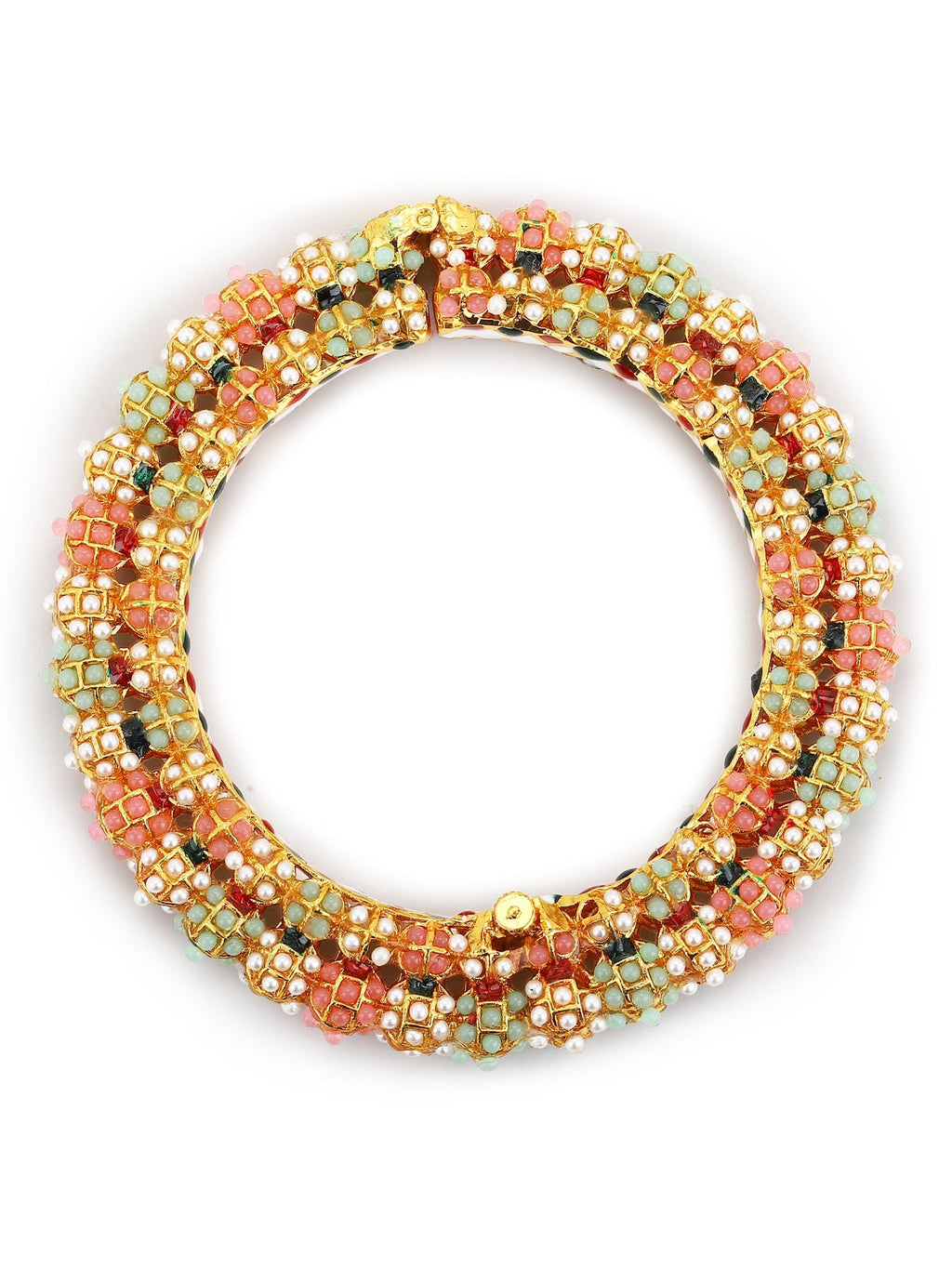 Gold-Polished Green Stone-Studded Beaded Meenakari Bangle - Ruby Raang