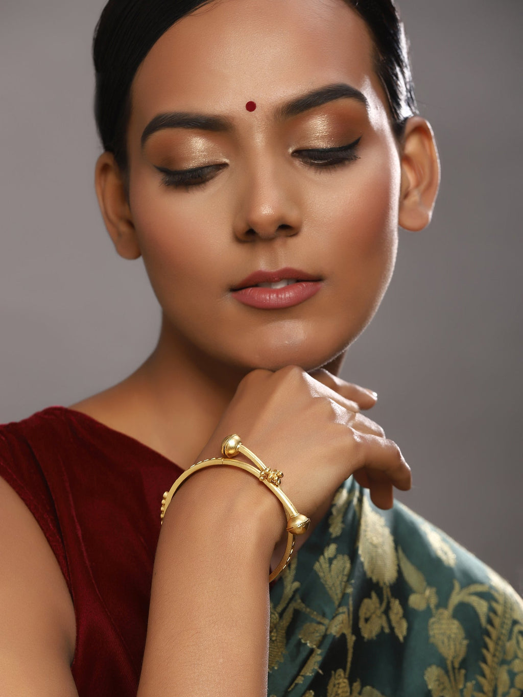 Gold-Polished White Red Stone Studded Beaded Bangle - Ruby Raang | Grocsy