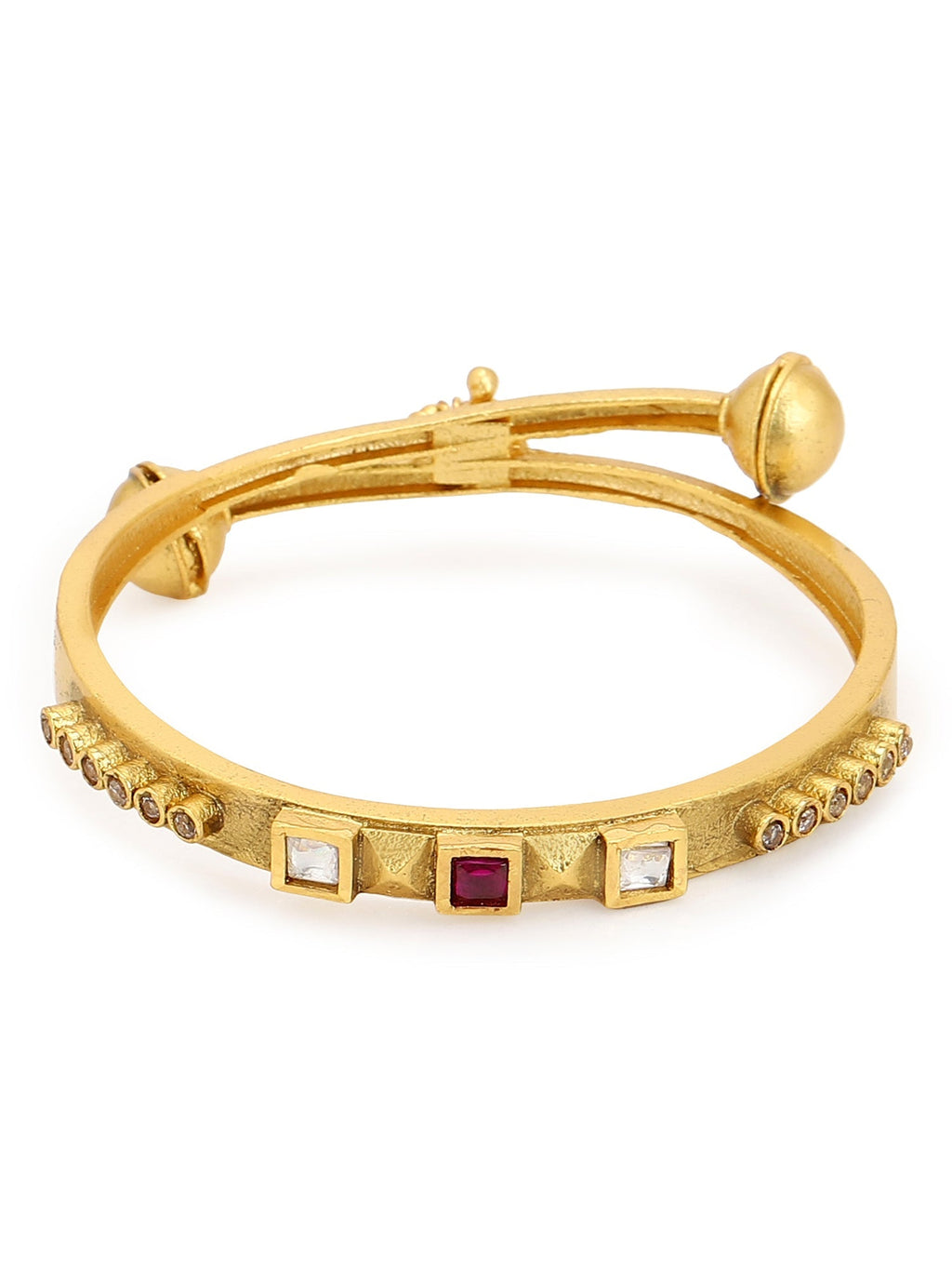 Gold-Polished White Red Stone Studded Beaded Bangle - Ruby Raang | Grocsy