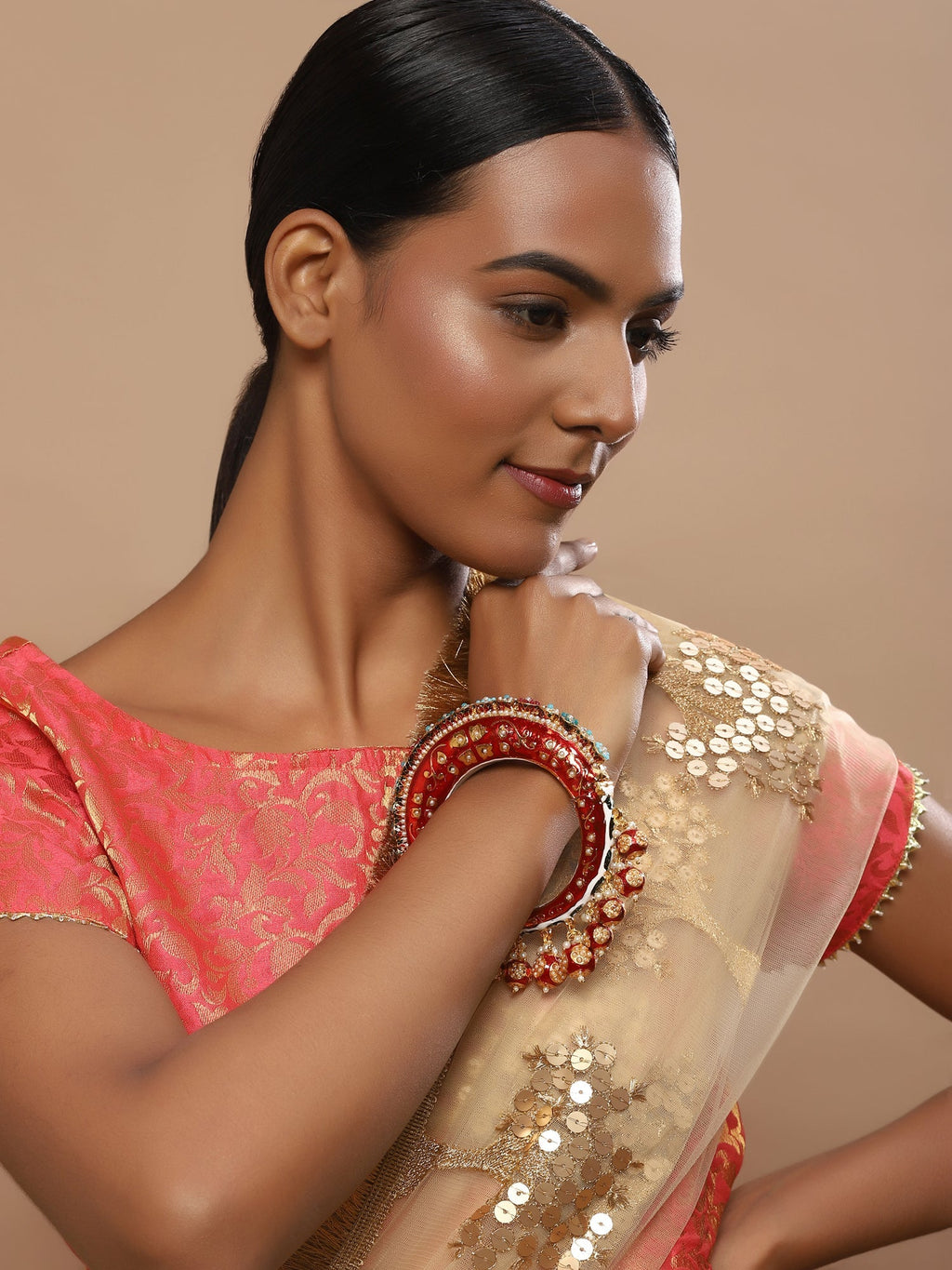 Gold-Polished Red Stone Studded Meenakari Bangle - Ruby Raang | Grocsy