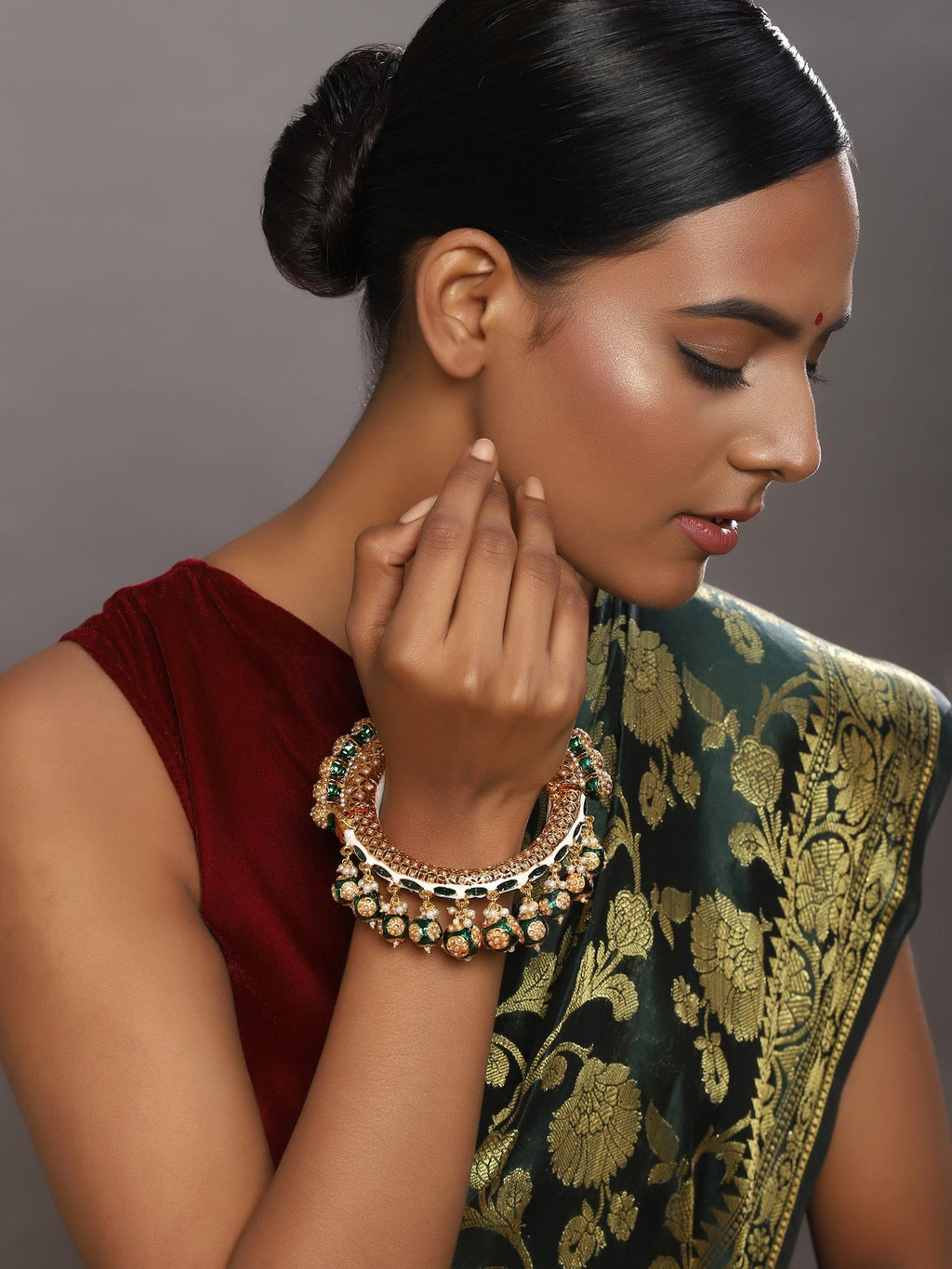 Gold-Polished Green Meenakari Bangle - Ruby Raang