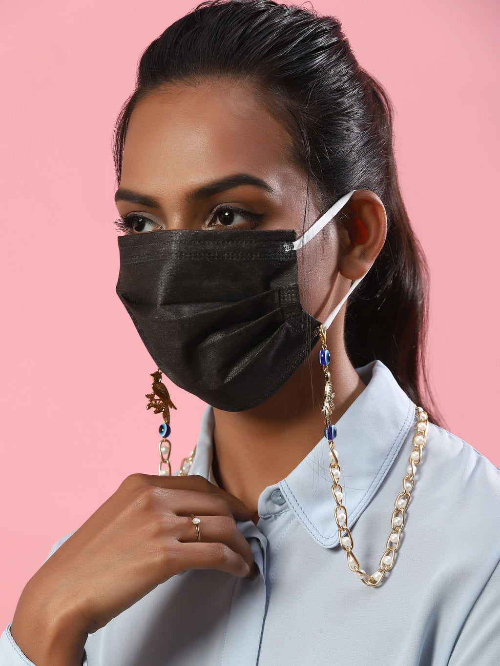 Gold-Polished Pearl Beaded Mask Chain - Ruby Raang | Grocsy
