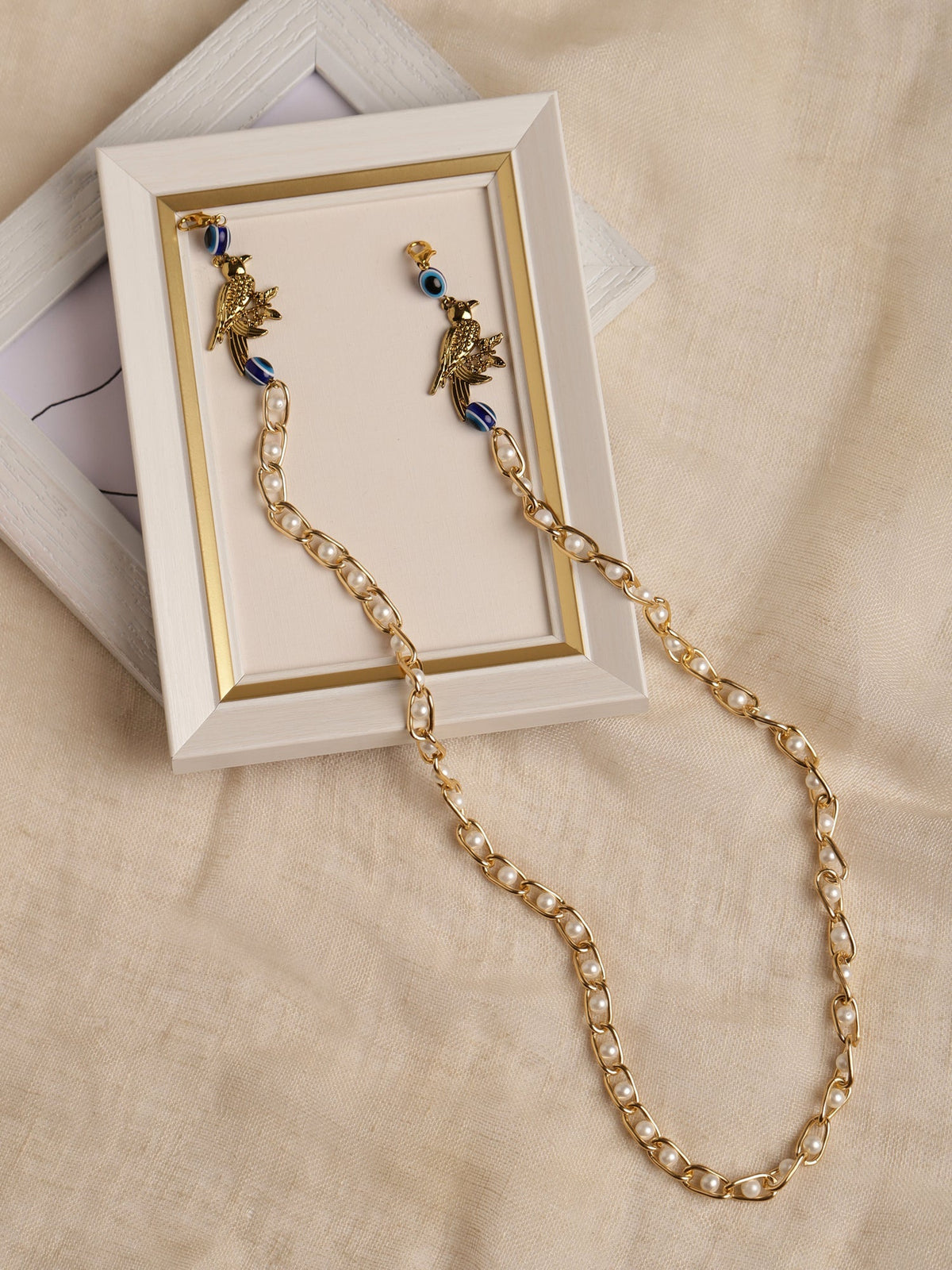 Gold-Polished Pearl Beaded Mask Chain - Ruby Raang | Grocsy
