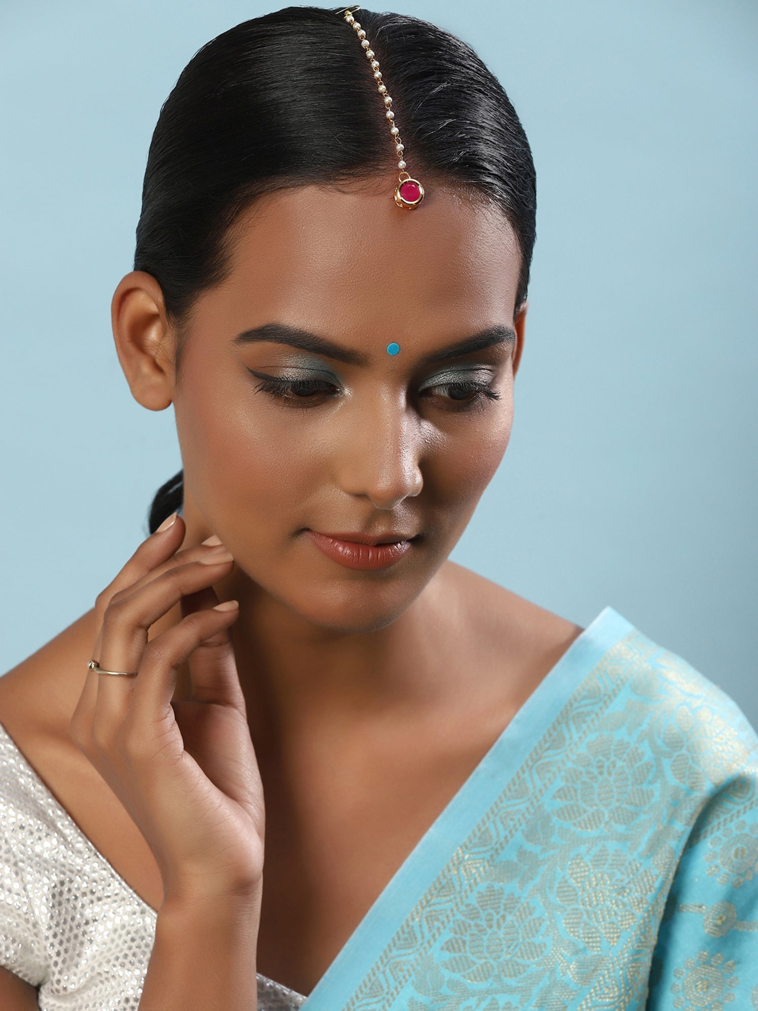 Gold-Polished Maroon Kundan Studded Maang Tikka - Ruby Raang | Grocsy