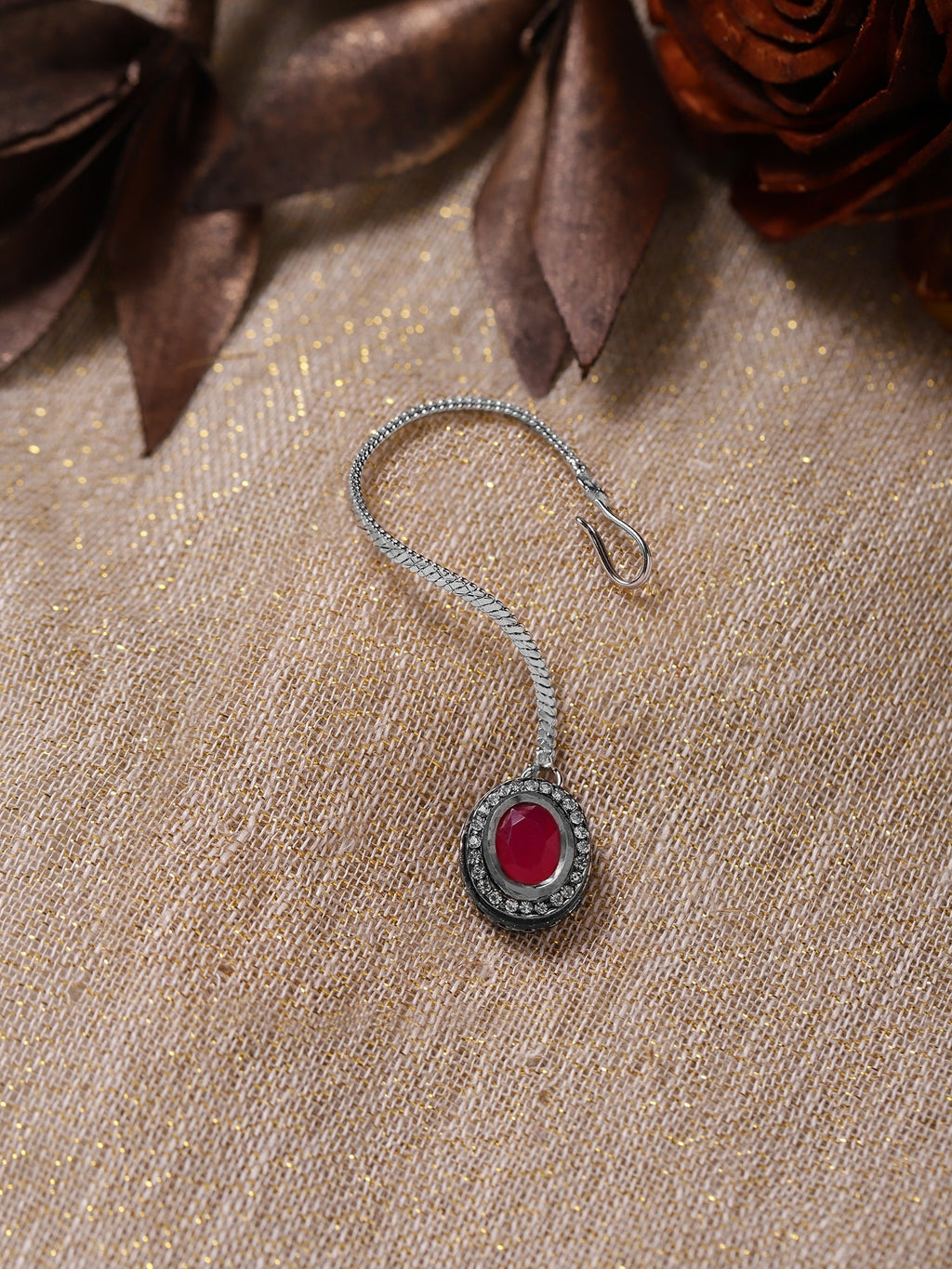 Gold-Polished Maroon White Kundan Stone -Studded Maang Tikka - Ruby Raang | Grocsy